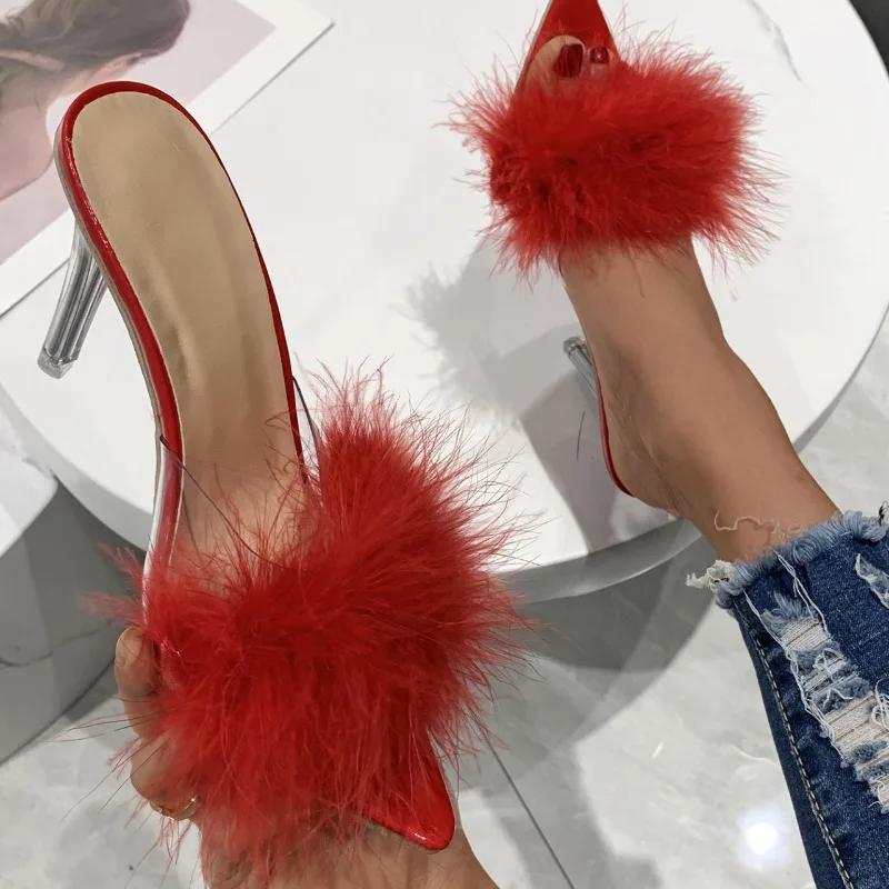 Fashion 2024 Plus Size Shoes Female Modern Women's Slippers Brand Dress Slippers Women Feather Pointed Toe Super High Thin Heels Sandals