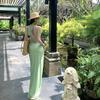 Green field polka dot dress French cold sense matcha green polka dot mesh cut slim dress