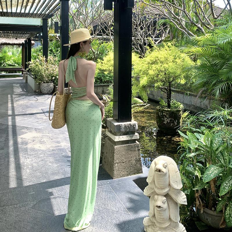 Green field polka dot dress French cold sense matcha green polka dot mesh cut slim dress