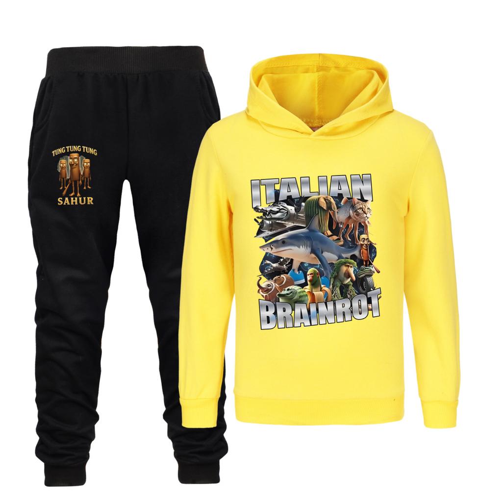 Tralalero Tralala Tung Tung Tung Funny Italian Brainrot Kids Boys Hoodie+Pants 2pcs Set Girls Tracksuit Children Outfits