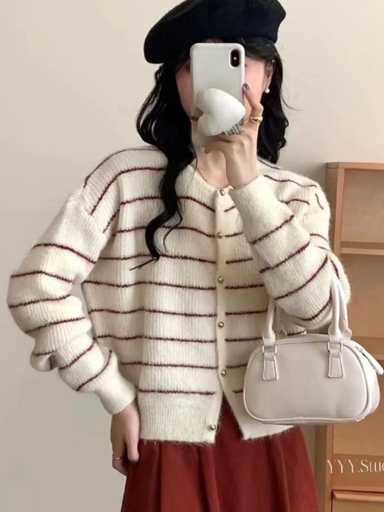 Damen Strickjacke mit Streifen und Farbblock, Rundhalsausschnitt - Herbst/Winter 2025 Koreanischer Stil Vielseitiger Strickpullover