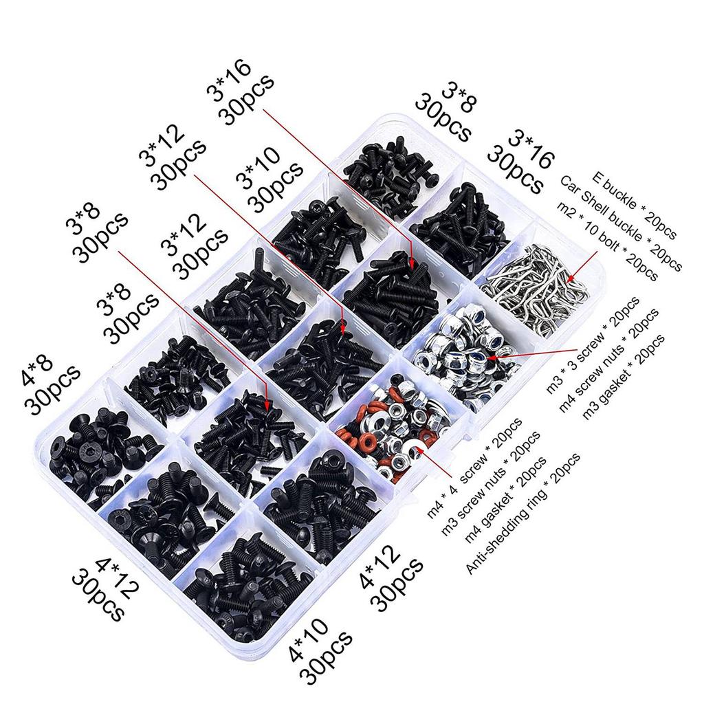 A78U 500PCS RC Car Screws Kit M3 Hex Screws Nut Shell Buckle RC Repair Tool Kit for 1/8 -1/16 Scale RC Cars