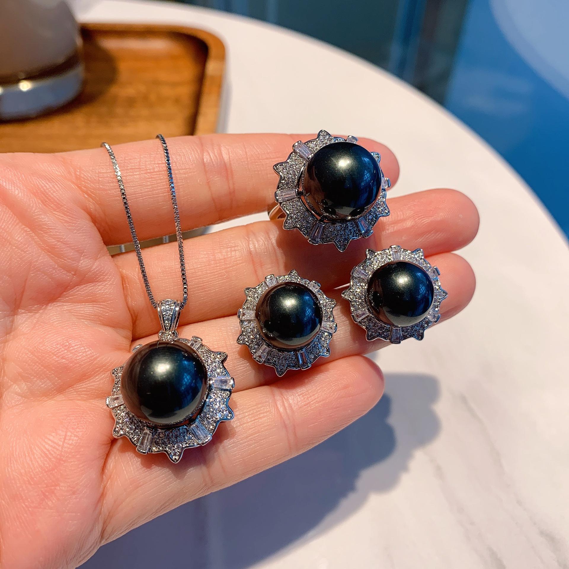 

Комплект ювелирных изделий Huamei, жемчужное ожерелье, модное кольцо с земным жемчугом, роскошные серьги-гвоздики с жемчугом