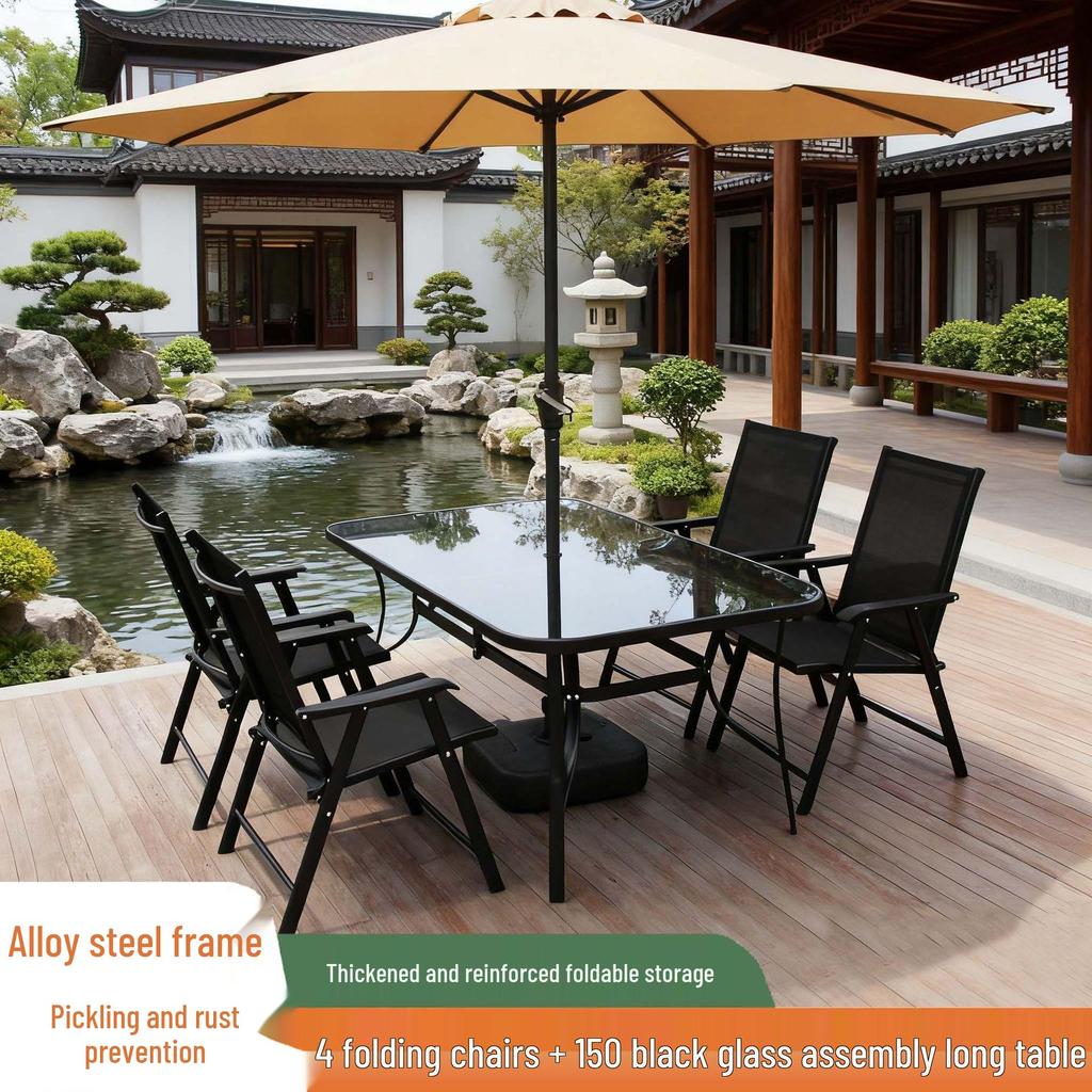 Top-Rated Outdoor Folding Table and Chairs Set with Umbrella - Casual Teslin Chairs for Balcony and Courtyard
