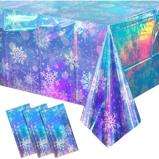 3 Pack Iridescent Winter Snowflake Plastic Tablecloth Decorations, Holographic Blue and Purple Snowflake Winter Wonderland Disposable Table Cover for