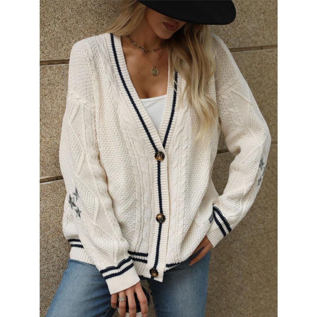 Autumn Winter Loose Knitted Cardigans Coat Women Star Embroidery Sweaters Streetwear Vintage Casual Single Breasted Long Sleeve Top