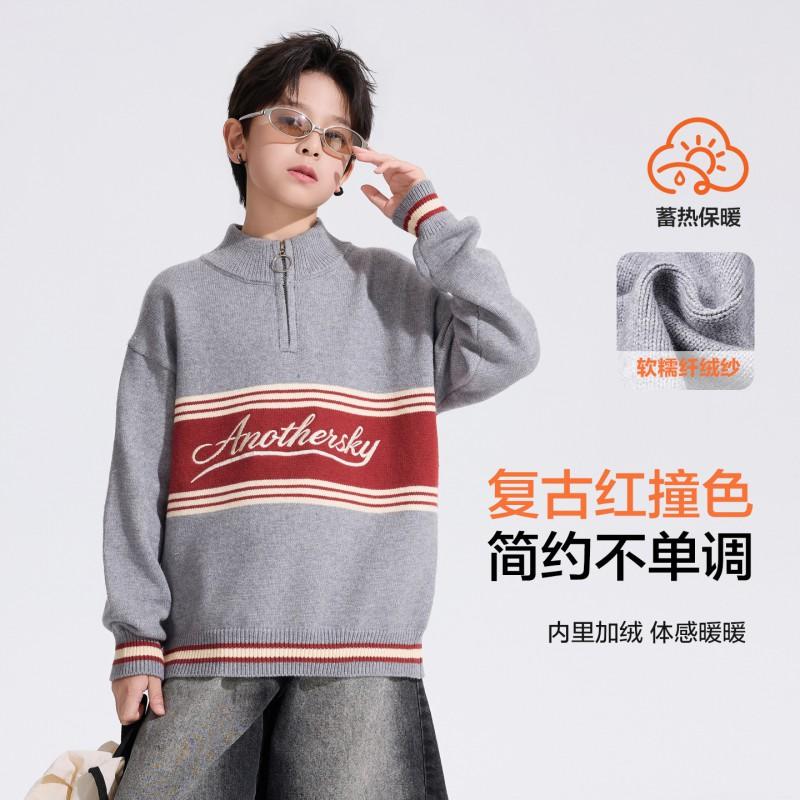 Boys Color Block Knit Sweater Thick Warm Anti-Static Polo Neck Pullover Kids 2026 Winter