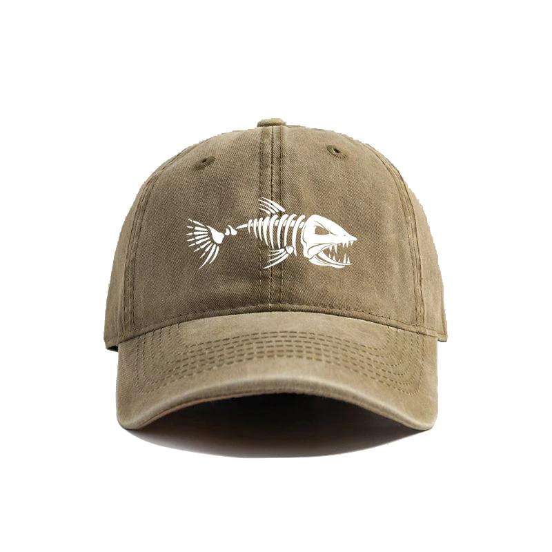 White Fishbone Printed Baseball Cap, Vintage Style, Fashionable and Versatile for Both Men and Women