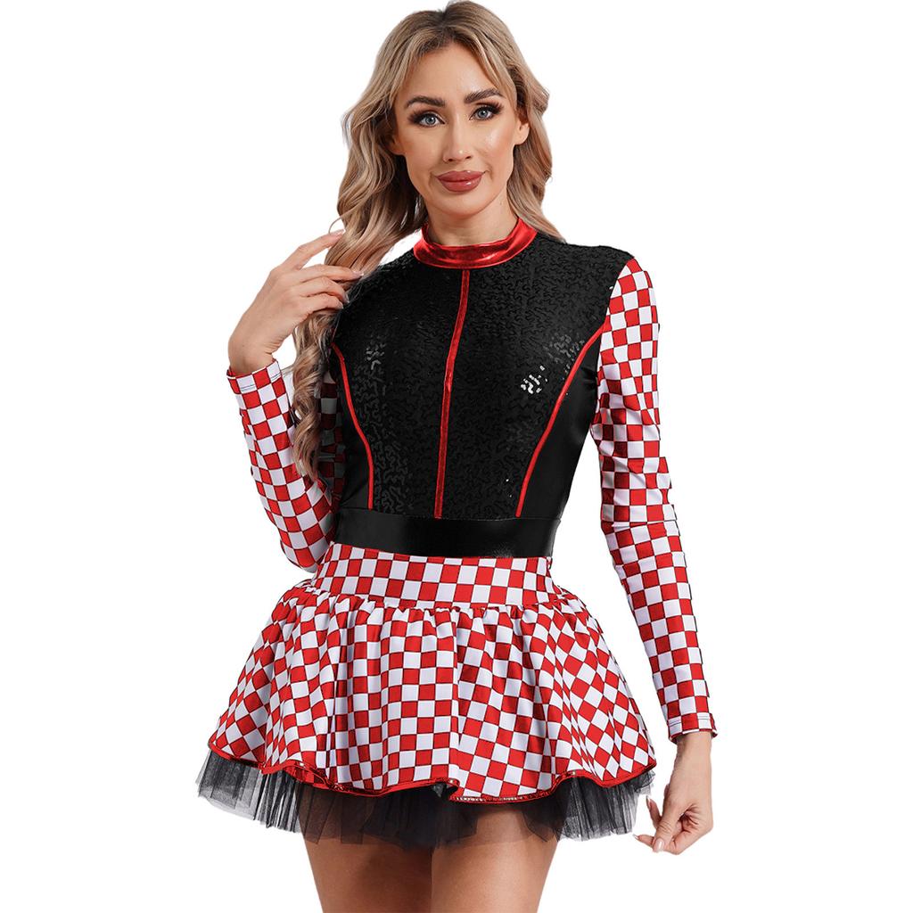 Damen Rennfahrerin Kostüm Schachbrettmuster Langarm Pailletten A-Linie Tüllrock Shorts Fahrerkleid