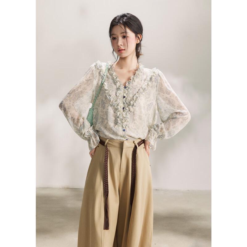 French Retro Paisley Print V-Neck Chiffon Blouse