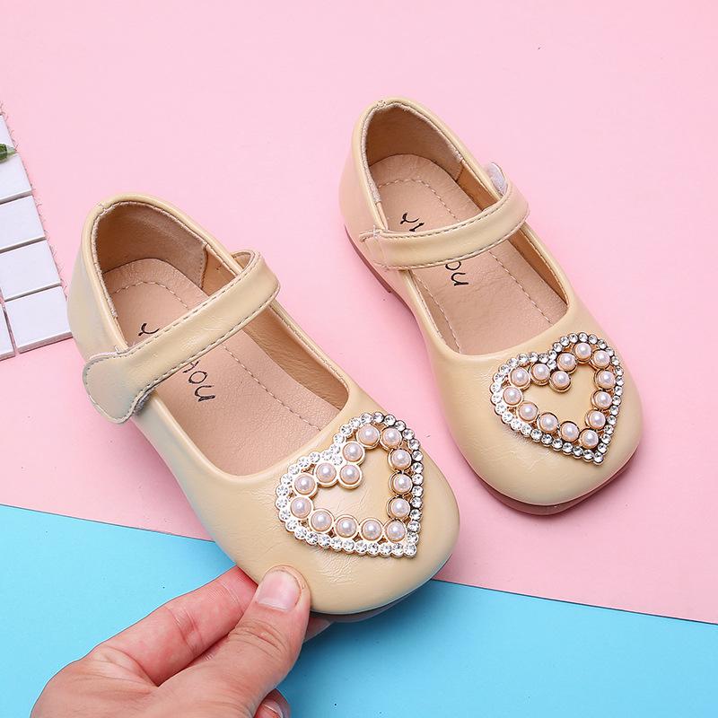 Girls Leather Shoes Kids School Flats Children Dress Shoes Princess Sweet Soft with Heart Shape Square Rhinestone Pearls Party