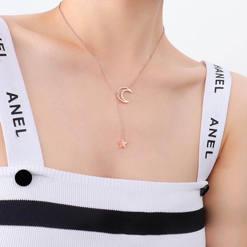 Star Moon Mini Pendant Necklace - European & American Ins Style In Stainless Steel & Titanium Clavicle Chain P315