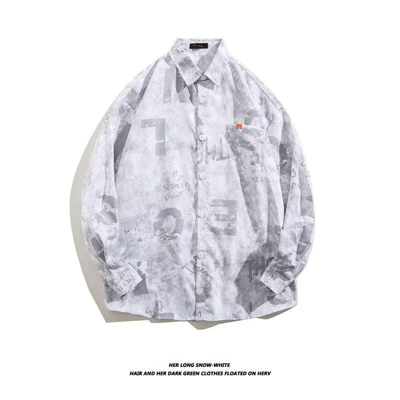 

2024 Весна и осень рубашка с длинным рукавом японский стиль Гонконг Ins свободная рубашка мужская летняя модная универсальная повседневная куртка 3XL светло-серый