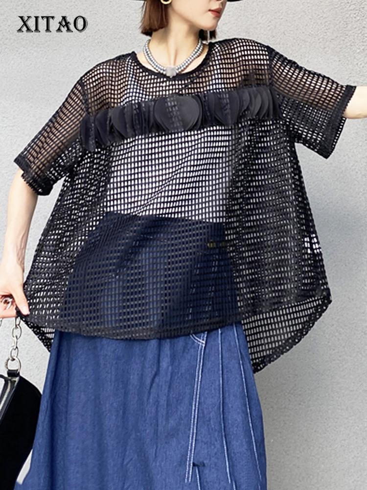 

XITAO выдалбливают лоскутные лепестки нерегулярной футболки модный женский новый топ ZY8861 One Size чёрный