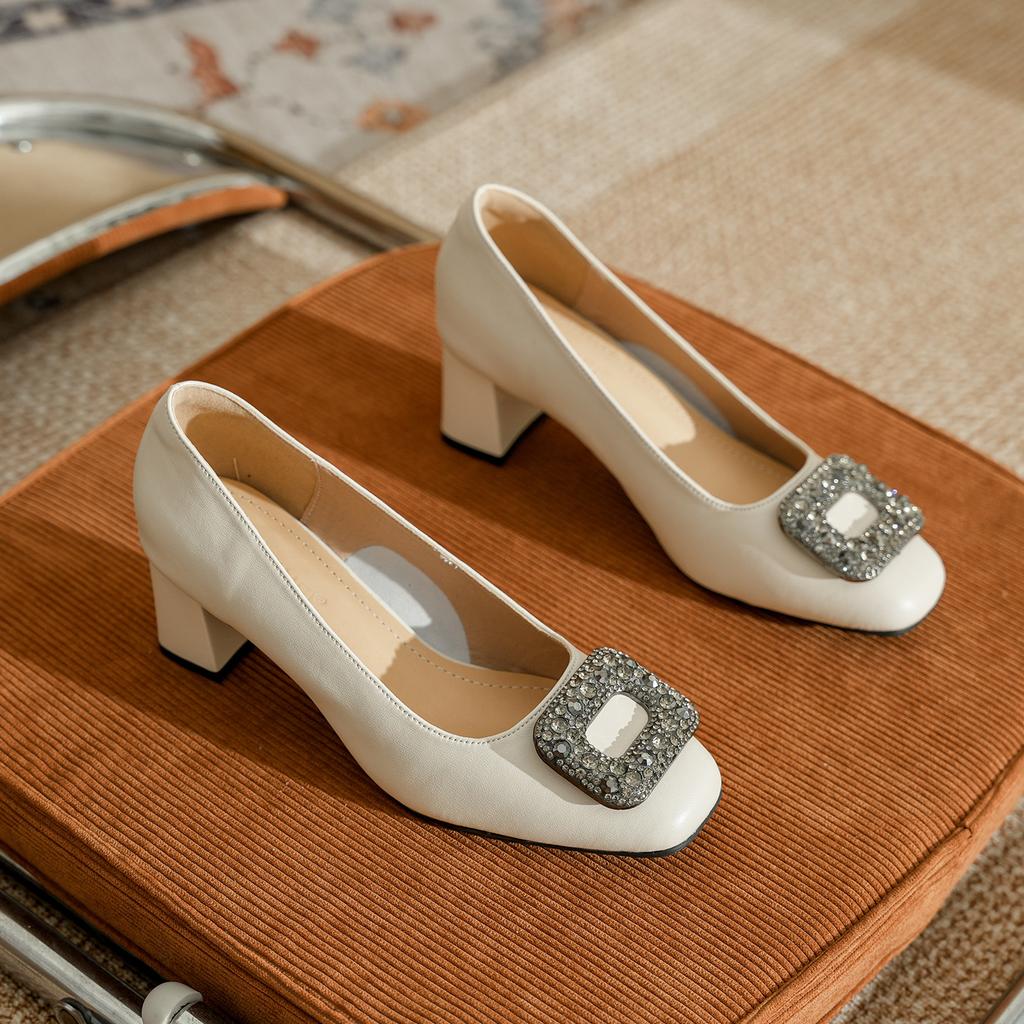 Leather square head thick heel low heel single shoes women are not tired of standing for a long time professional commuter work shoes rhinestone