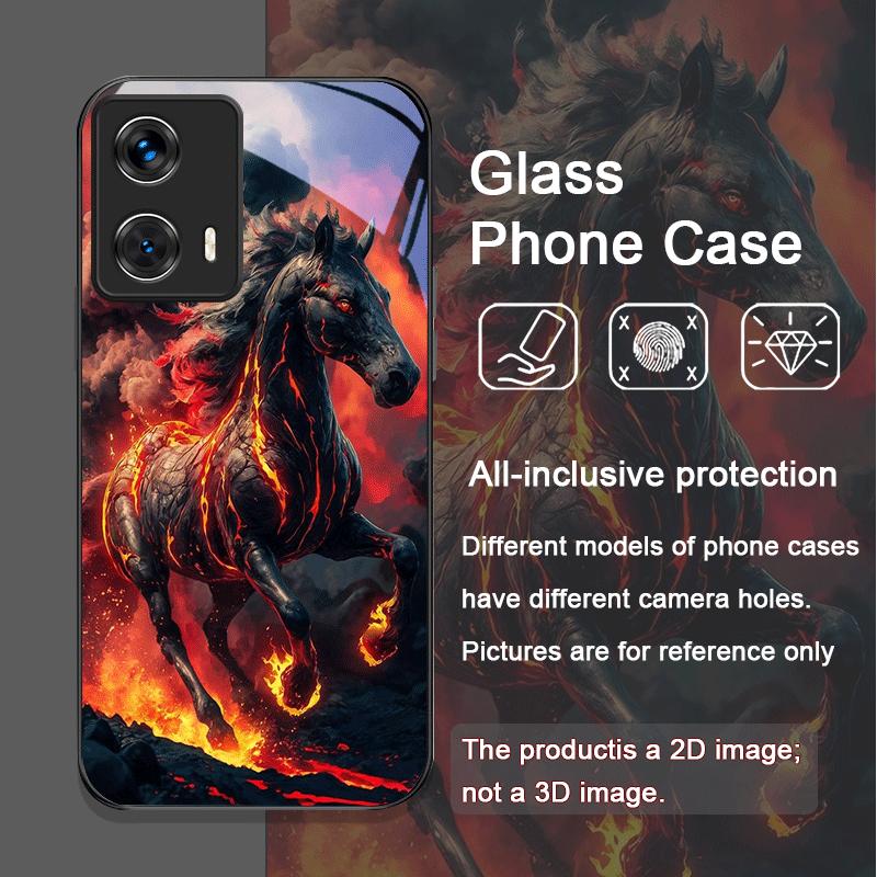 Creative Flame Black Horse Pattern Tempered Glass Phone Case for Motorola Moto G85 G84 G75 Edge 50 Fusion 40 Neo 30 Pro 5G Cover
