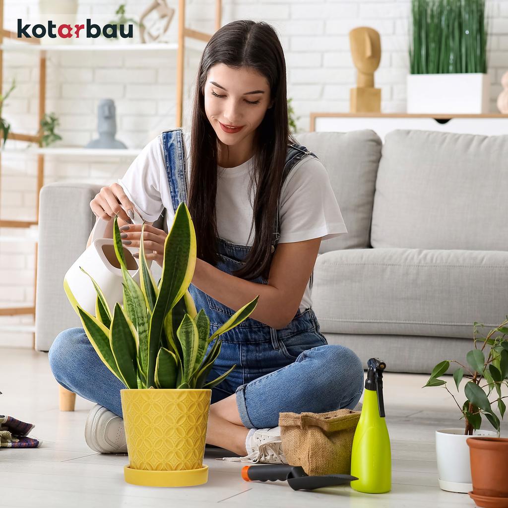 Kotarbau® 2 Pcs. Round Mustard Flower Pot 13 Cm. Flower Pot With Saucer. Glazed Ceramics. Flower And Herb Pot. Plant Cover.