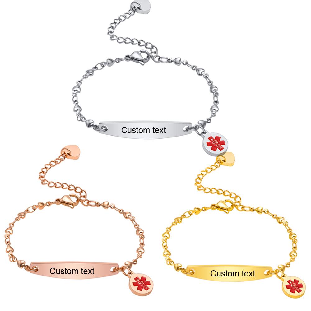 Custom Enamel Medical Alert ID Bangle Stainless Steel Rolo Chain Link Thin Bar Bracelet for Women Adjsutable 7.6"