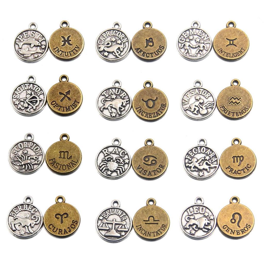 12x15mm Round Zodiac Constellation Pendant: Retro Symbol Alloy Jewelry for DIY Bracelets & Keychains