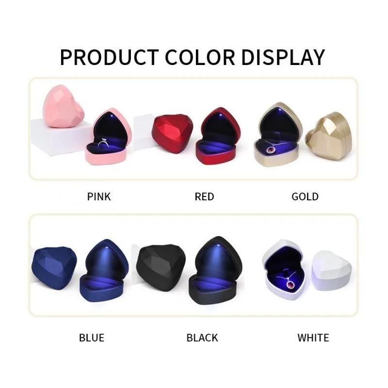 Heart LED Light Ring Box, Velvet Jewelry Display Gift Storage Case Wedding Engagement Proposal Anniversary Boxes
