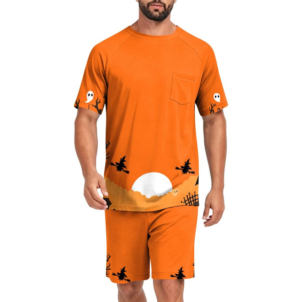 Men's Halloween Casual Pajama Set Short Sleeve Top and Shorts Lightweight Comfortable Sleepwear Set for Home and Lounge