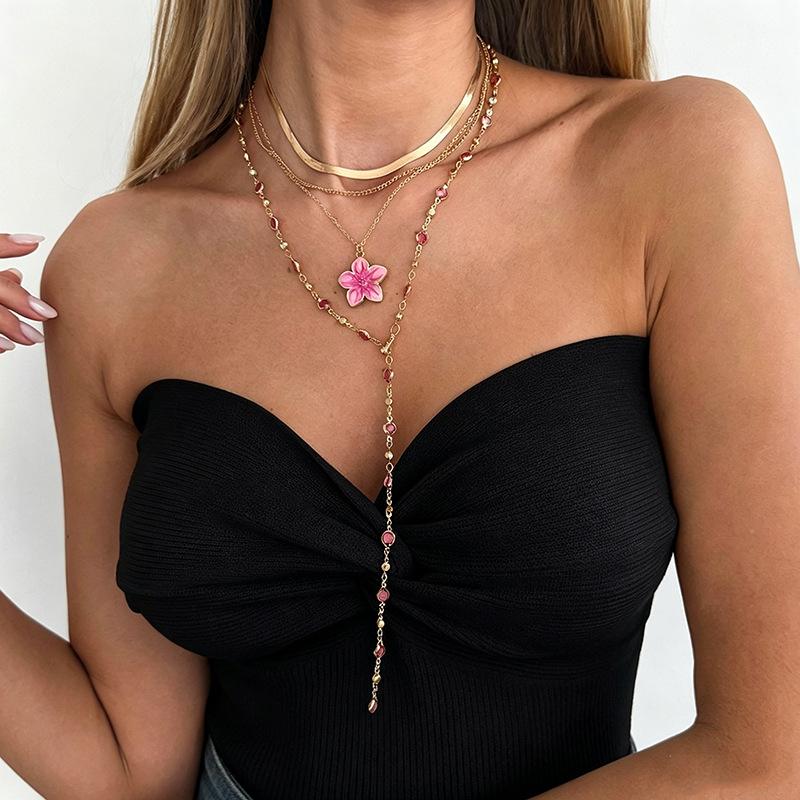 Sexy Layered Y Drop Lariat Necklace for Women Gold Color White Enamel Flower Faux Pearl Beaded Date Night Evening Jewelry