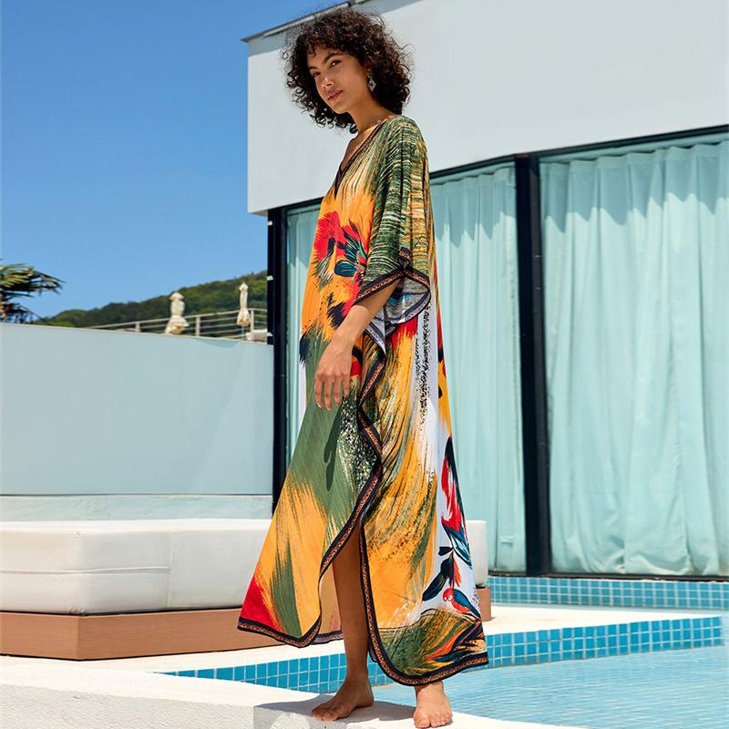 EDOLYNSA Boho Printed Plus Size Kaftan 2024 Kobiety Dekolt w Serek Rękaw Nietoperz Luźny Szlafrok Letnie Wakacje Plaża Maxi Sukienka Strój Kąpielowy Cover Up