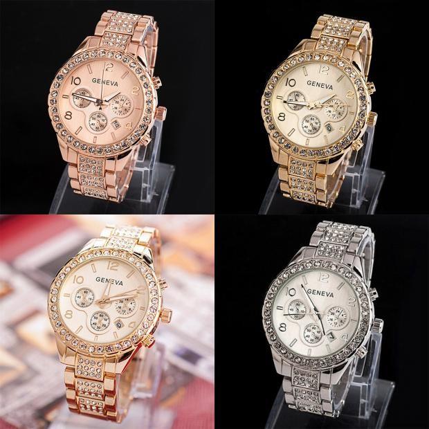 Brilliant Geneva Luxury Women Crystal Stainless Steel Quartz Analog Wrist Watch
