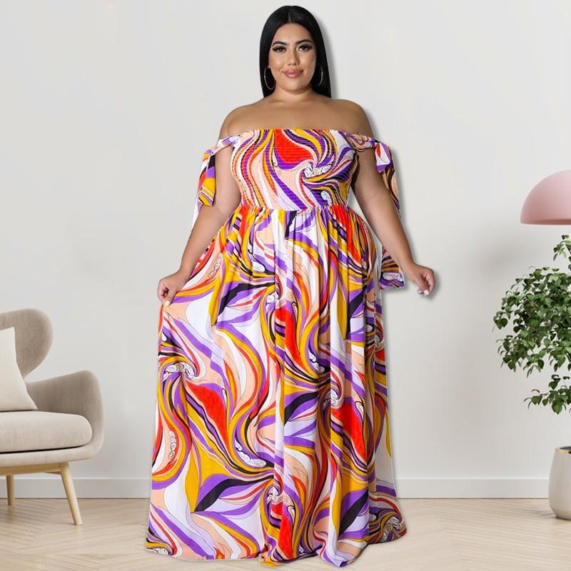 Plus Size Womens Off-Shoulder Ruched Strap Maxi Dress With Bow Print Milk Silk Sleeveless Flowy Skirt Streetwear