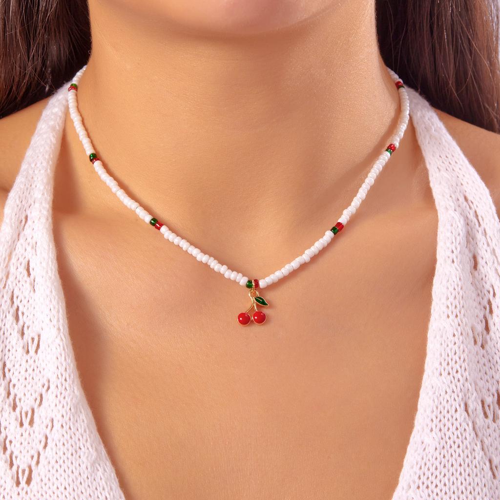 Lovely Cherry Pendant Rice Beads Choker Necklace for Women Fashion Simple Starfish Strawberry  Clavicle Chain Party Zircon Gift