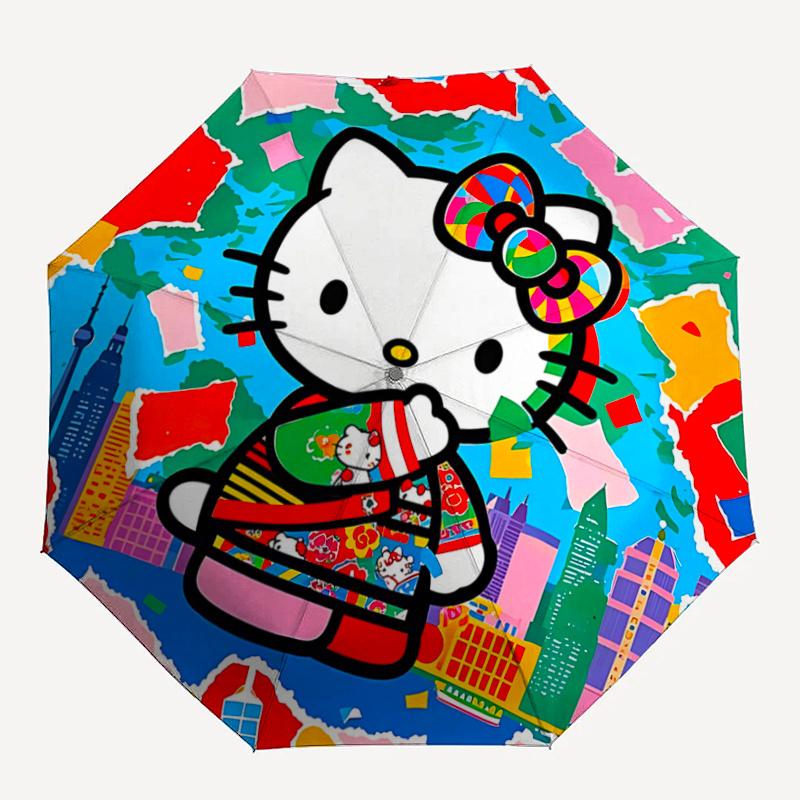 1pc Hello Kitty Kimono with Automatic Opening Umbrella - Portable Three-Fold Design, 8-Bone Iron Frame Outdoor Umbrella, Ideal Gift for Fans, Traveler