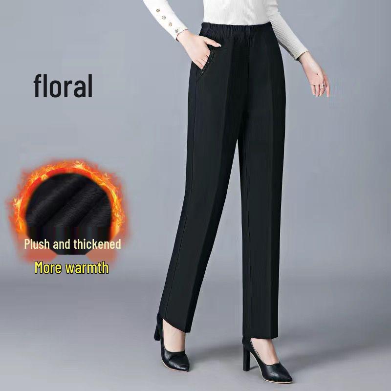 Fleece-Lined High-Waisted Straight-Leg Pants for Middle-Aged & Elderly Women - Ideal for Spring & Autumn