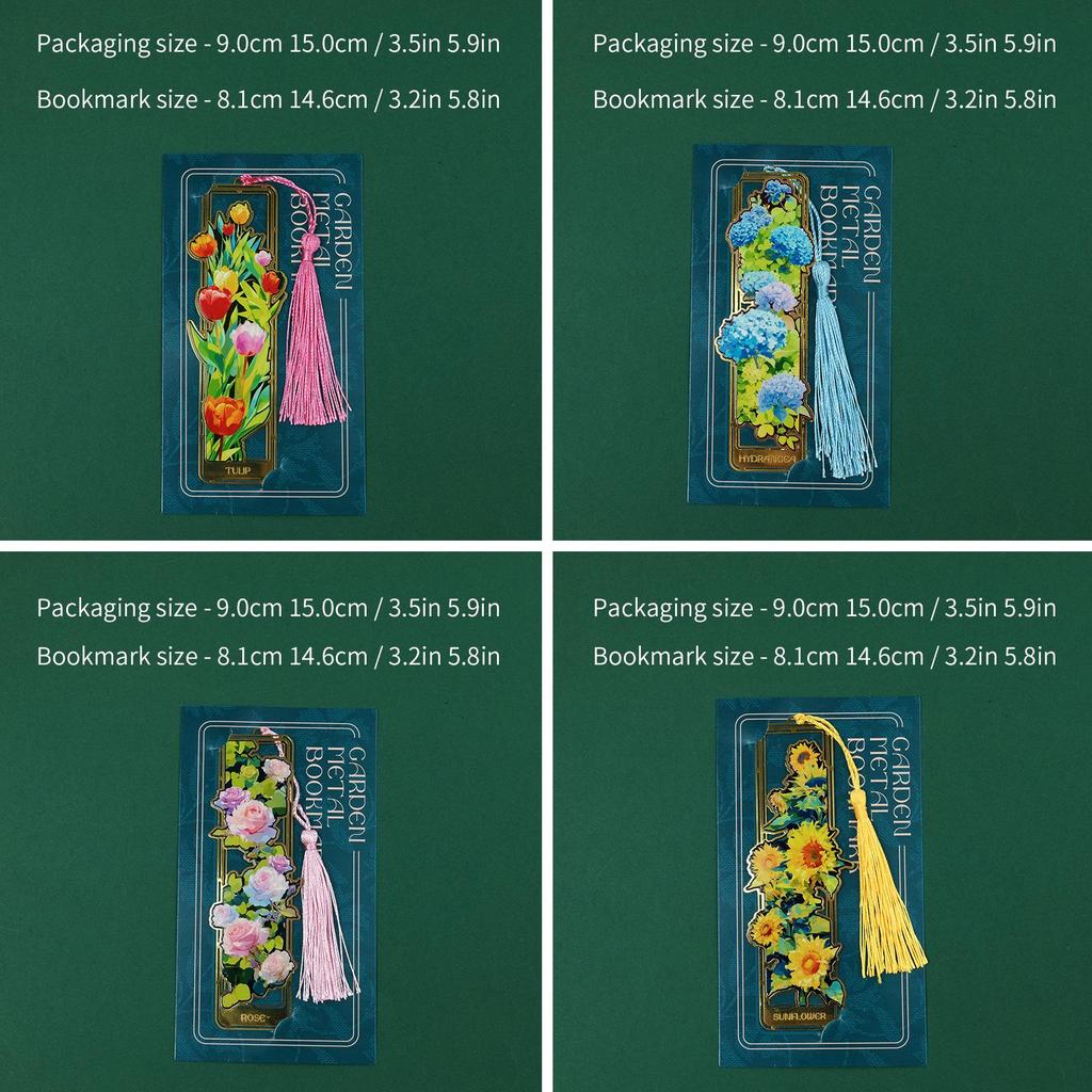 Elegant Floral Metal Bookmark with Tassel - Rose, Sunflower & Hydrangea Design