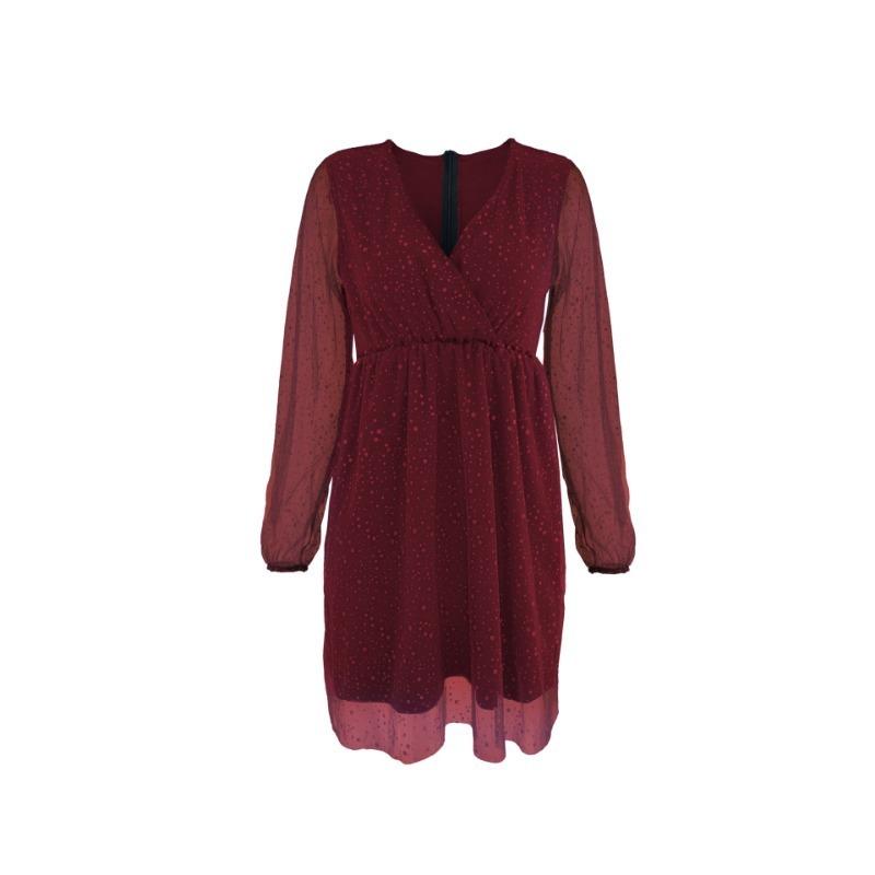 GMXIA Elegant Dress Mesh Sprinkles Pure Colour Seven Sleeve V-Neck Splicing Women's Midi Dresses