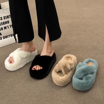 Cute Thick-soled Height-increasing Fluffy Slippers for Women's Outer Wear 2025 New Autumn and Winter Comfortable and Versatile Cross-cotton Slippers