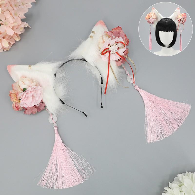 Fluffy Fox Ear Headband With Floral Hairpin Cosplay Anime Convention Hanfu Costume Accessory