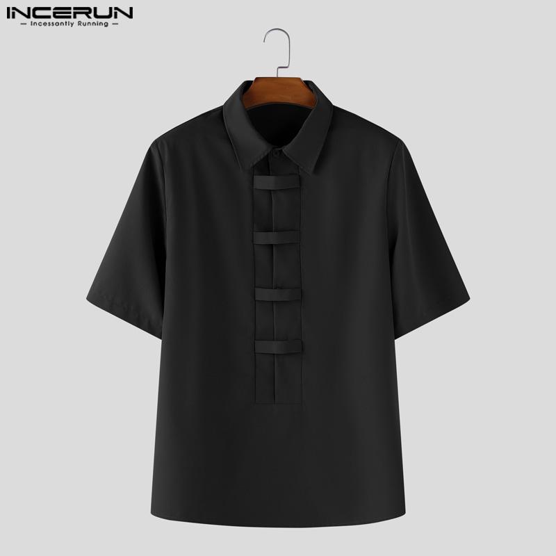INCERUN Oversized Men Lapel Neck Short Sleeve Buttons Solid Casual Loose Shirts