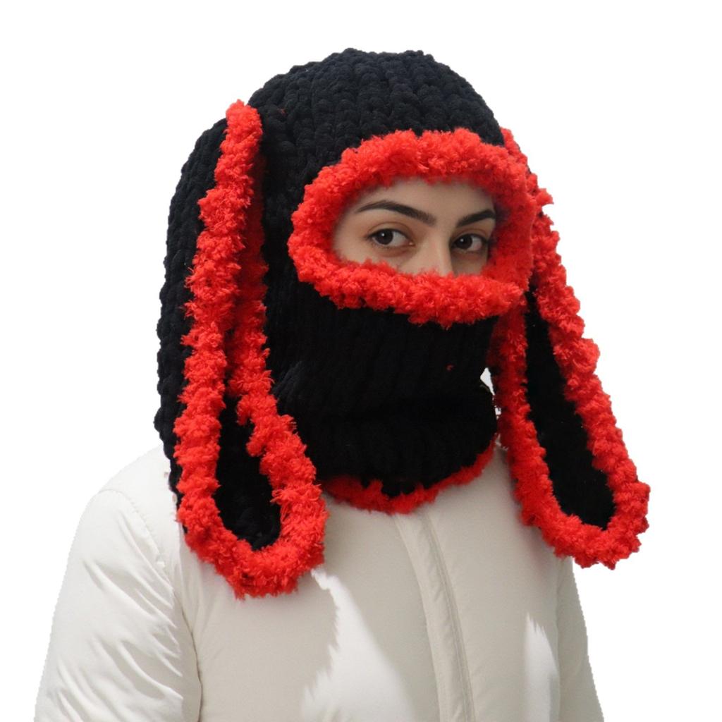 Handmade Knitted Long-eared Rabbit Head Cover Hat Balaclava Thermal Hat European and American Ski Cold Ear Protection Hat