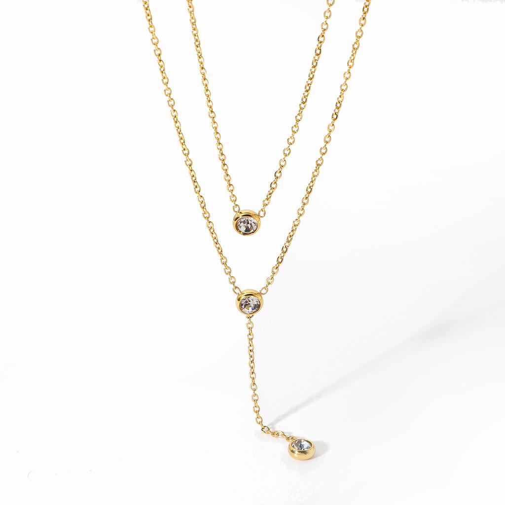 Stainless Steel Double Layer Y Shape Chain Zircon Pendant Necklace For Women Statement Choker Necklace