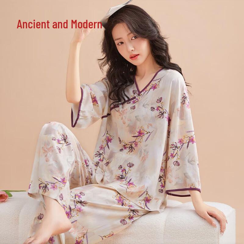 GUJIN Women s Chinese Style Frog Button Rayon Loungewear Set 2XL