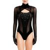 Damski kostium do łyżwiarstwa figurowego Wycięcie z przodu Przezroczysta siatka Patchwork Wysoki kołnierzyk Długi rękaw Strój kąpielowy z cyrkoniami