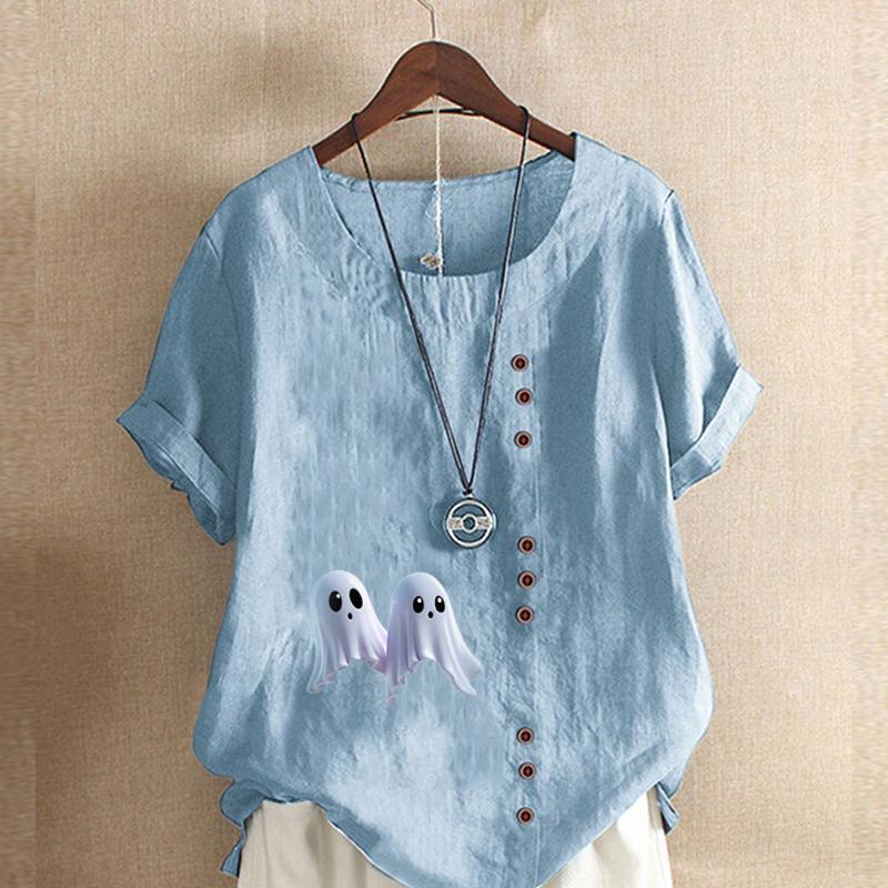 Women's Fashion Ghost Prined Short Sleeve T-shirt Loose Cotton Shirt Casual Loose Summer Blouse Tops