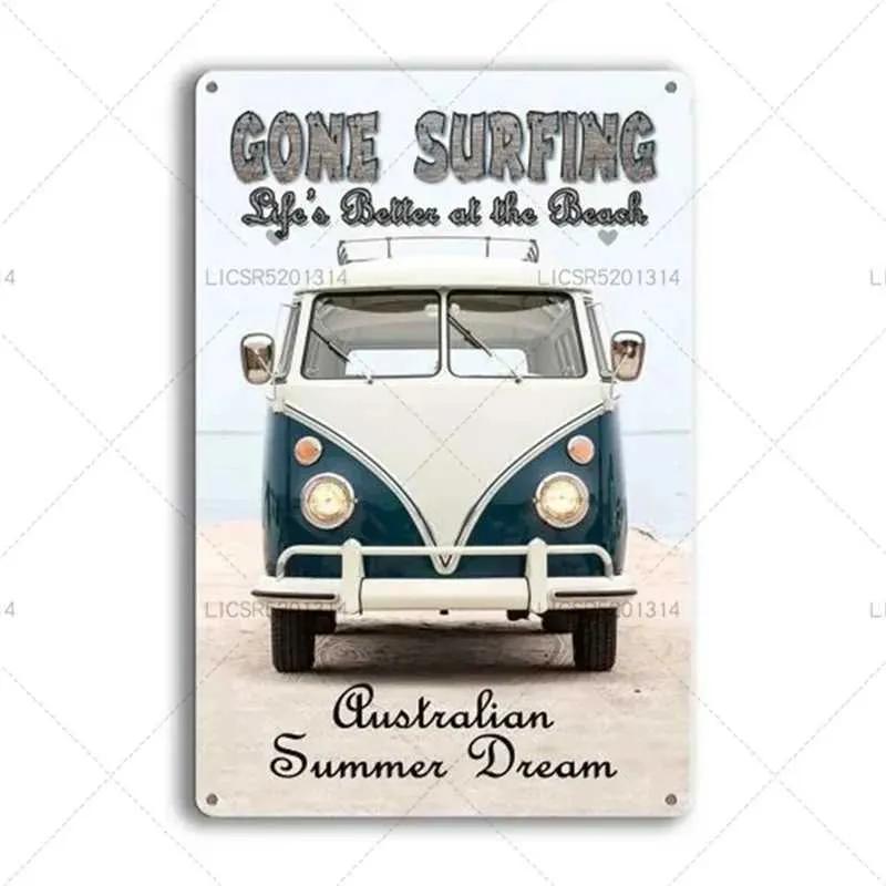 Peace Bus Beach Surfing Cartoon Wall Logo Retro Art Metal Plate Decoration Tin Logo Garage Bar Wall Decoration Tinplate Poster