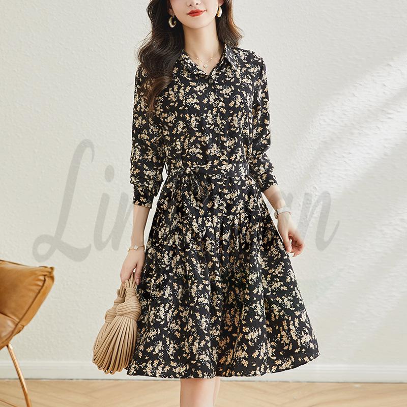 French Floral Plus Size Waist-Cinched Long-Sleeve Dress - 2026 Spring/Autumn Collection XL