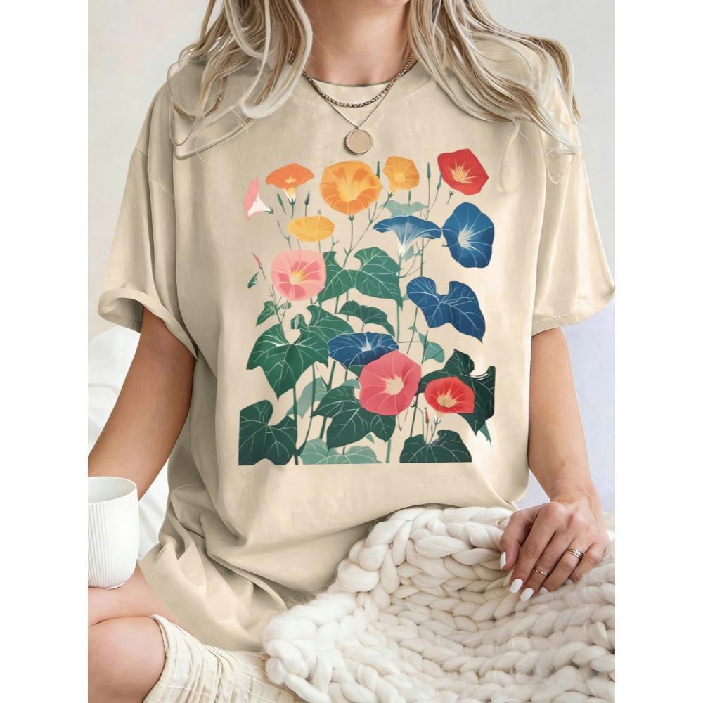 Aesthetic Morning Glory Printing Women T-Shirts Cotton Crewneck Short Sleeves Y2K Oversized Tee Top Sports Clothes