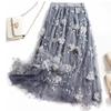 Jupes de luxe pour femmes, style coréen, mode, taille élastique, appliques, broderie, jupe en maille florale, longue jupe de bal en gaze