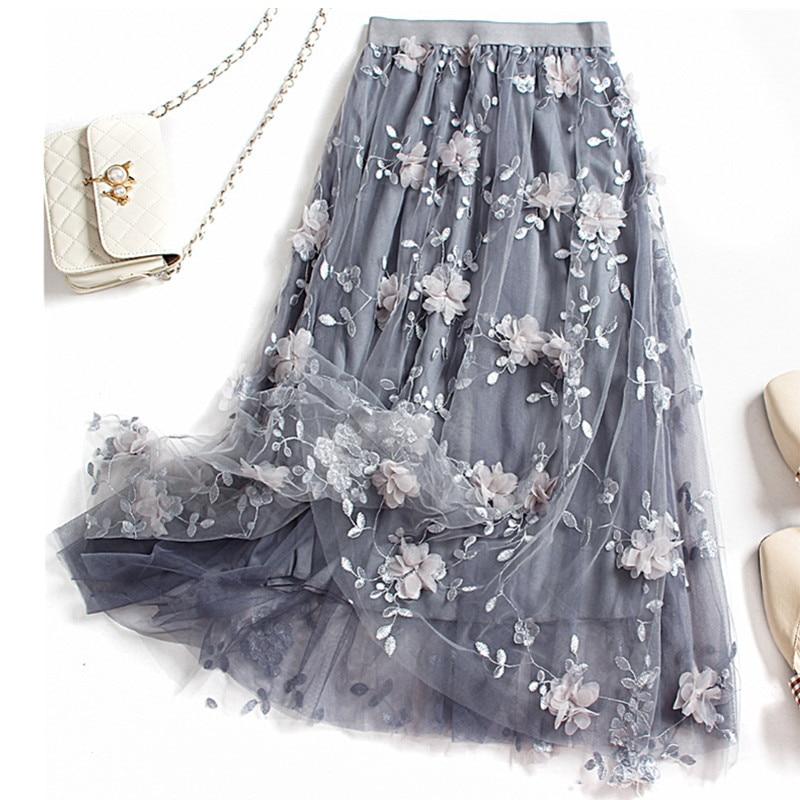 Jupes de luxe pour femmes, style coréen, mode, taille élastique, appliques, broderie, jupe en maille florale, longue jupe de bal en gaze