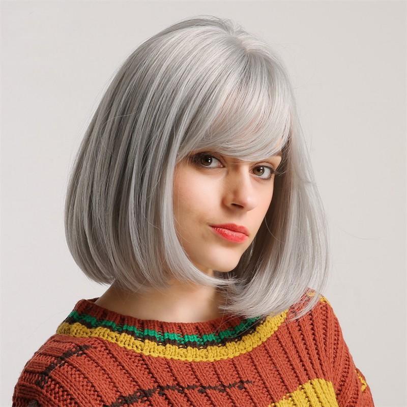 Womens Black Straight Short Bob Wig With Full Bangs Heat-Resistant Synthetic Hair Natural Look
