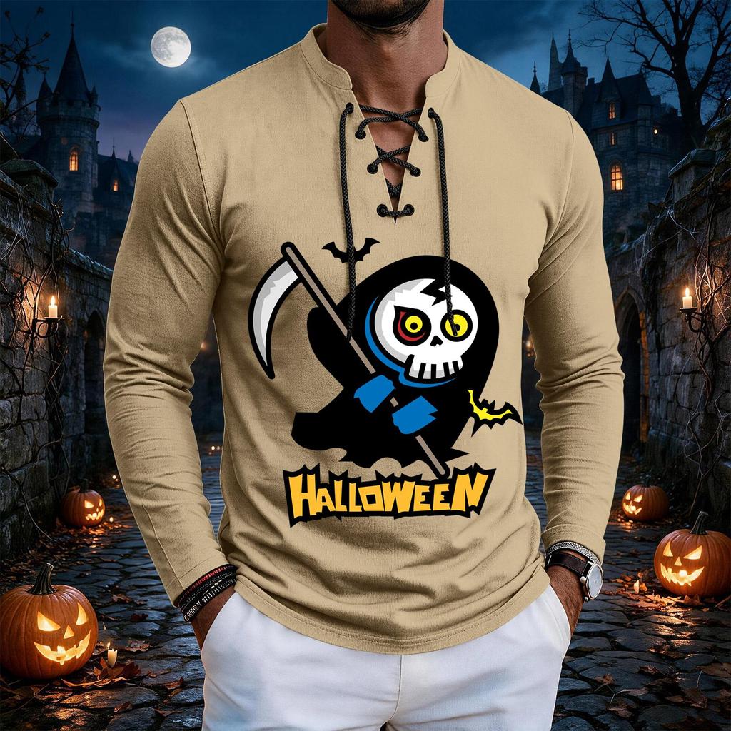 Men's Vintage Halloween Print Lace-Up Long Sleeve T-Shirt