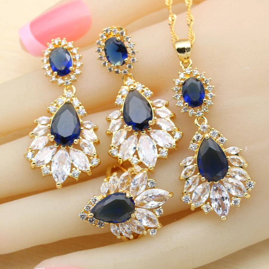 

For Women Blue Crystal Gold Plated Wedding Jewelry Sets Bracelet Earrings Necklace Pendant Ring Party Gift 10
